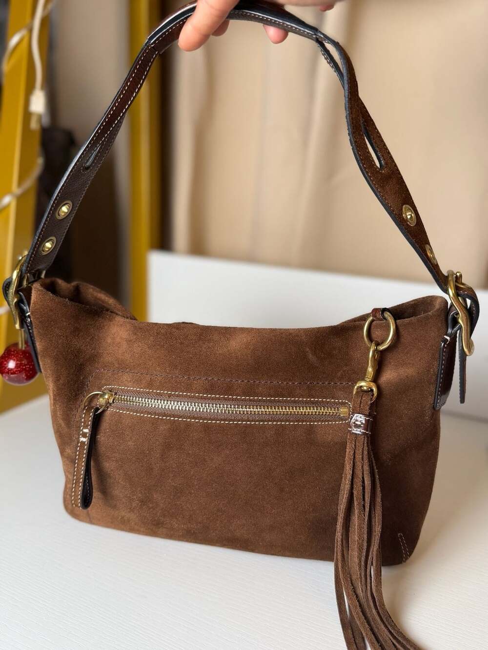 Coach Suede Tassel Shoulder Bag Brown - Picture 2 of 8